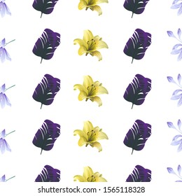 Violet Agapanthus Lily. Purple Banana Leaf. Yellow Lilium. Vector illustration. Seamless background pattern. Floral botanical flower. Wild leaf wildflower isolated. Exotic tropical hawaiian jungle.