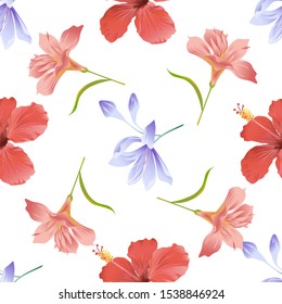 Violet Agapanthus Lily. Red Hibiscus. Pink Amaryllis. Vector illustration. Seamless background pattern. Floral botanical flower. Wild leaf wildflower isolated. Exotic tropical hawaiian jungle.