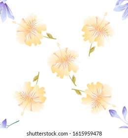 Violet Agapanthus Lily. Yellow hibiscus. Vector illustration. Seamless background pattern. Floral botanical flower. Wild leaf wildflower isolated. Exotic tropical hawaiian jungle. Fabric wallpaper.