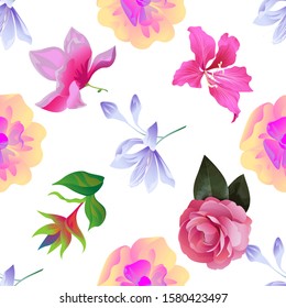 Violet Agapanthus Lily. Yellow Magnolia. Pink Magnolia. Pink Bauhinia Purpurea. Green bird of paradise. Pink Balsam. Vector illustration. Seamless background pattern. Floral botanical flower. Wild.