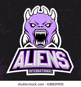 Violet alien modern logo for a sport team. Premade logotype with naming. Vector illustration