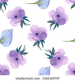 Violet Anemone. Blue Anthurium Tailflower. Vector illustration. Seamless background pattern. Floral botanical flower. Wild leaf wildflower isolated. Exotic tropical hawaiian jungle. Fabric wallpaper.