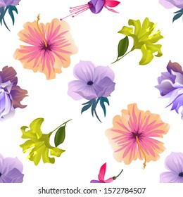 Violet Anemone. Violet Clematis. Pink and Purple Fuchsia Bella. Pink Hibiscus. Yellow Lilium. Vector illustration. Seamless background pattern. Floral botanical flower. Wild leaf wildflower.