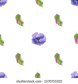 Violet Anemone. Green Dracaena. Vector illustration. Seamless background pattern. Floral botanical flower. Wild leaf wildflower isolated. Exotic tropical hawaiian jungle. Fabric wallpaper print.