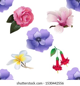Violet Anemone. Pink Balsam. Pink Magnolia. White Plumeria. Red Angel Trumpet. Vector illustration. Seamless background pattern. Floral botanical flower. Wild leaf wildflower isolated. Exotic.