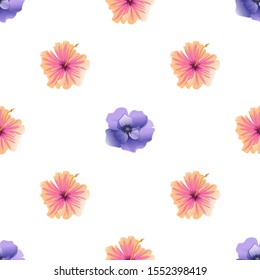 Violet Anemone. Pink Hibiscus. Vector illustration. Seamless background pattern. Floral botanical flower. Wild leaf wildflower isolated. Exotic tropical hawaiian jungle. Fabric wallpaper print.