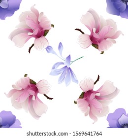 Violet Anemone. Pink Magnolia. Violet Agapanthus Lily. Vector illustration. Seamless background pattern. Floral botanical flower. Wild leaf wildflower isolated. Exotic tropical hawaiian jungle.