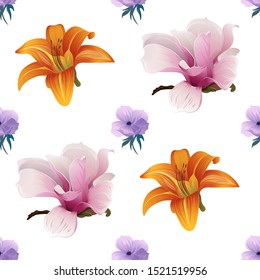 Violet Anemone. Pink Magnolia. Orange Daylily. Vector illustration. Seamless background pattern. Floral botanical flower. Wild leaf wildflower isolated. Exotic tropical hawaiian jungle. Fabric.