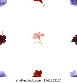 Violet Anemone. Purple Amaryllis. Red Rose Mallow. Pink Amaryllis. Vector illustration. Seamless background pattern. Floral botanical flower. Wild leaf wildflower isolated. Exotic tropical hawaiian.