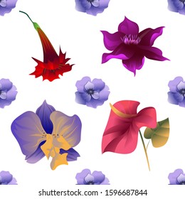 Violet Anemone. Red Calla. Red Hibiscus. Purple Clematis. Purple Orchid. Vector illustration. Seamless background pattern. Floral botanical flower. Wild leaf wildflower isolated. Exotic tropical.