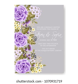 Violet Anemone rose rununculus peony Floral wedding invitation vector tempate