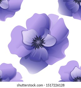 Violet Anemone. Vector illustration. Seamless background pattern. Floral botanical flower. Wild leaf wildflower isolated. Exotic tropical hawaiian jungle. Fabric wallpaper print texture.