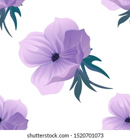 Violet Anemone. Vector illustration. Seamless background pattern. Floral botanical flower. Wild leaf wildflower isolated. Exotic tropical hawaiian jungle. Fabric wallpaper print texture.