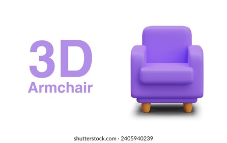 Violet armchair, front view. Isolated realistic illustration with shadow. Furniture for rest. Classic rectangular armchair of bright color. Illustration for upholstered furniture store