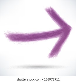 Violet arrow sign painted by brush stroke with drop gray shadow on white background. Drawing created in ink sketch handmade technique. Vector illustration design element save in 10 eps