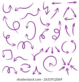 Setas violetas desenhadas à mão conjunto curvo esboço símbolos ponteiro sobre fundo branco, Ilustração plana

