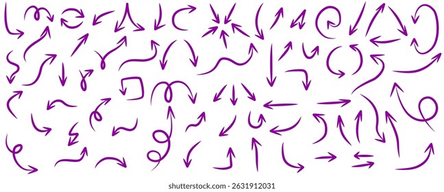 Violet arrows horizontal hand drawn sketch set curved and dynamic pointer elements, Flat Illustration

