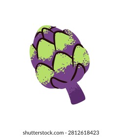 Violet artichoke with green leaves. Icon of purple artichaut. Natural and organic vegetable for cooking and eating. Healthy farm food, agricultural crop. Flat isolated vector illustration on white