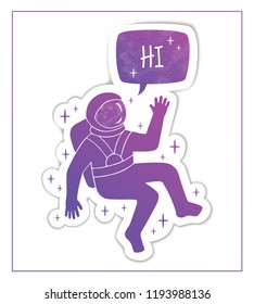 Violet astronaut in spacesuit raises hand in salute. Speech bubble with greeting Hi