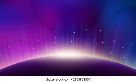 Violet Aurora Rising from Planet Horizon, Glowing Shine Background. Widescreen Vector Illustration