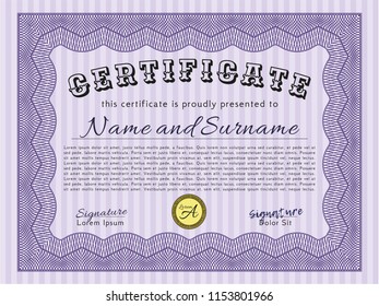 Violet Awesome Certificate template. With background. Money style design. Vector illustration. 