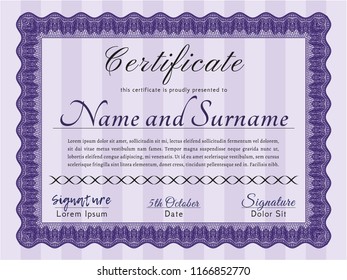 Violet Awesome Certificate template. With background. Detailed. Cordial design. 