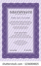 Violet Awesome Certificate template. Cordial design. Vector illustration. With great quality guilloche pattern. 