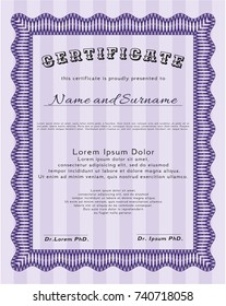 Violet Awesome Certificate template. Customizable, Easy to edit and change colors. With guilloche pattern and background. Money Pattern. 