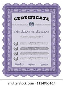 Violet Awesome Certificate template. Detailed. With background. Superior design. 