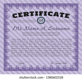 Violet Awesome Certificate template. Detailed. With complex linear background. Excellent design. 