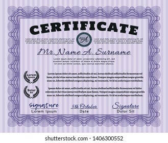 Violet Awesome Certificate template. Detailed. With guilloche pattern and background. Modern design. 
