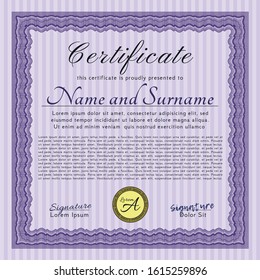 Violet Awesome Certificate template. Detailed. With great quality guilloche pattern. Money design. 