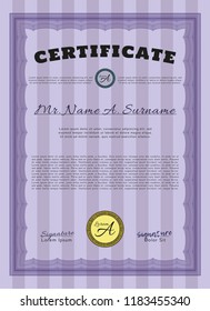 Violet Awesome Certificate template. Elegant design. Customizable, Easy to edit and change colors. With guilloche pattern and background. 