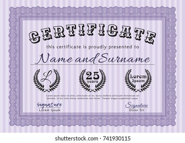 Violet Awesome Certificate template. Elegant design. Detailed. With great quality guilloche pattern. 