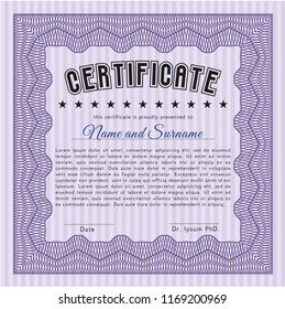 Violet Awesome Certificate template. Excellent design. Vector illustration. With complex background. 