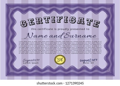 Violet Awesome Certificate template. Good design. With great quality guilloche pattern. Vector illustration. 