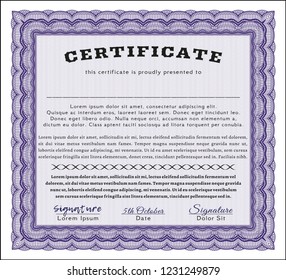 Violet Awesome Certificate template. With great quality guilloche pattern. Vector illustration. Superior design. 