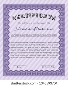 Violet Awesome Certificate template. With great quality guilloche pattern. Vector illustration. Sophisticated design. 