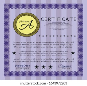 Violet Awesome Certificate template. With great quality guilloche pattern. Artistry design. Vector illustration. 