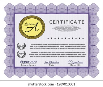 Violet Awesome Certificate template. With guilloche pattern. Customizable, Easy to edit and change colors. Perfect design. 