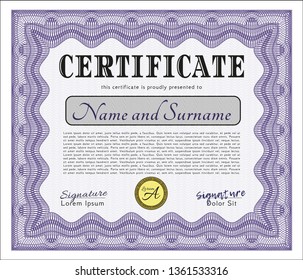 Violet Awesome Certificate template. With guilloche pattern and background. Customizable, Easy to edit and change colors. Nice design. 