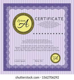 Violet Awesome Certificate template. With guilloche pattern and background. Vector illustration. Good design. 