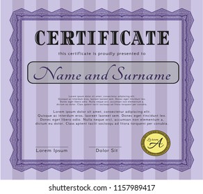 Violet Awesome Certificate template. Lovely design. With linear background. Vector illustration. 
