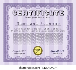 Violet Awesome Certificate template. Money Pattern design. Detailed. With guilloche pattern. 
