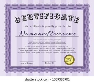 Violet Awesome Certificate template. Money Pattern design. With guilloche pattern and background. Vector illustration. 