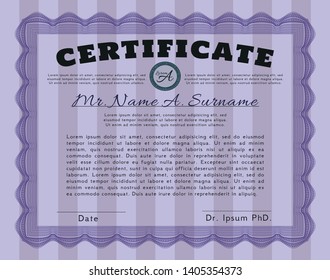 Violet Awesome Certificate template. Money style design. Detailed. With great quality guilloche pattern. 