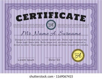 Violet Awesome Certificate template. Superior design. Detailed. With complex background. 