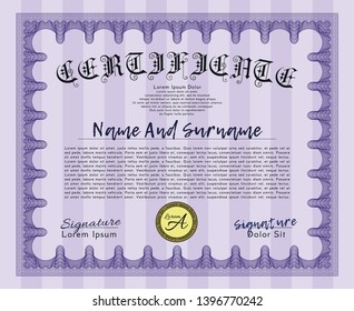 Violet Awesome Certificate template. Superior design. Detailed. With background. 