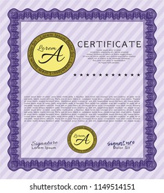 Violet Awesome Certificate template. Vector illustration. With guilloche pattern. Money Pattern. 