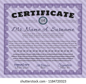 Violet Awesome Certificate template. Vector illustration. With linear background. Good design. 